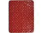 Nappe de Noël rouge avec des motifs dorés d'anges, d'étoiles, de cloches et de cadeaux.