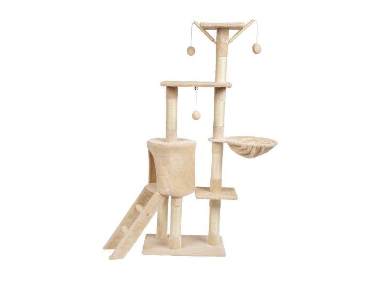 Un griffoir pour chat beige avec plusieurs plateformes, un hamac et une échelle.