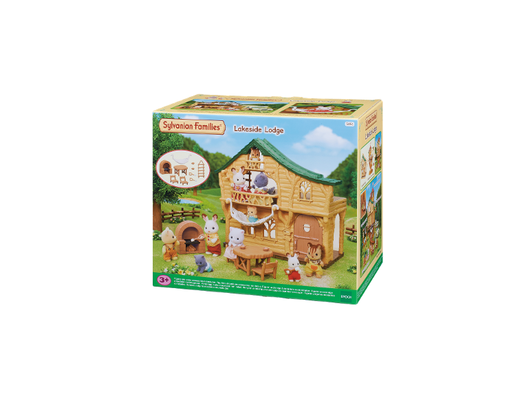 Ensemble de jeu cabane avec figurines d'animaux, barbecue extérieur et mobilier sur un paysage vert.