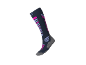 Chaussette de ski bleu marine avec des rayures roses et violettes, talon et pointe gris.