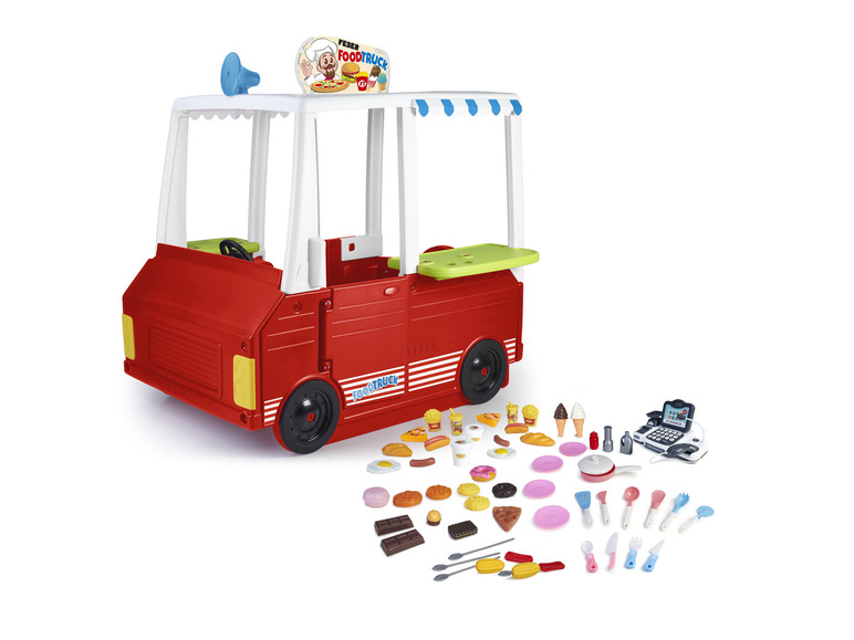 Un camion de nourriture rouge en plastique avec des accessoires, y compris une caisse enregistreuse.