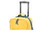 Valise de voyage jaune avec sangles bleues et poignée télescopique noire