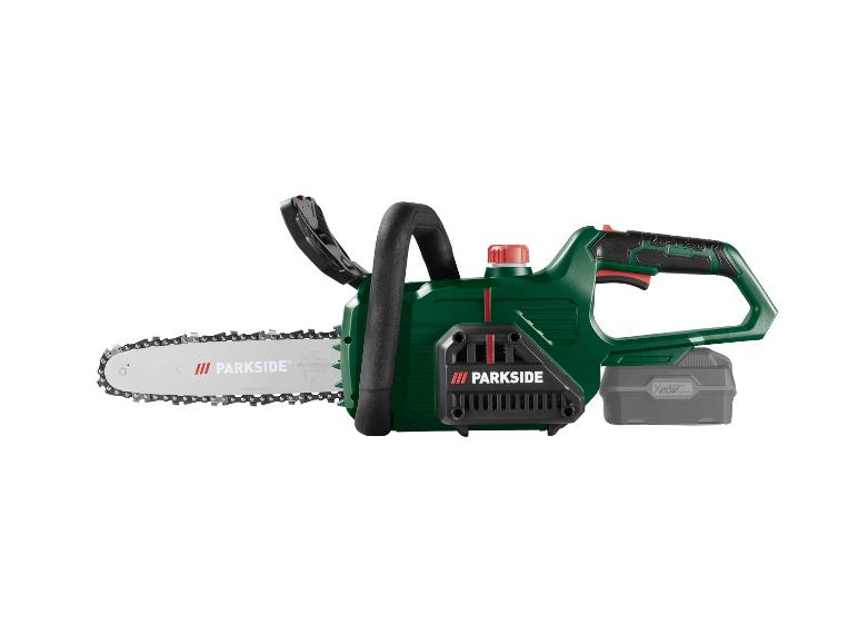Tronçonneuse sans fil Parkside verte et noire avec une batterie X 20V Team.