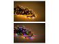 Guirlandes lumineuses de Noël LED blanc chaud et colorées sur fond sombre.