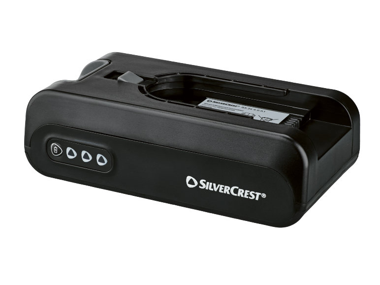 Batterie noire avec indicateur de charge et étiquette du produit.