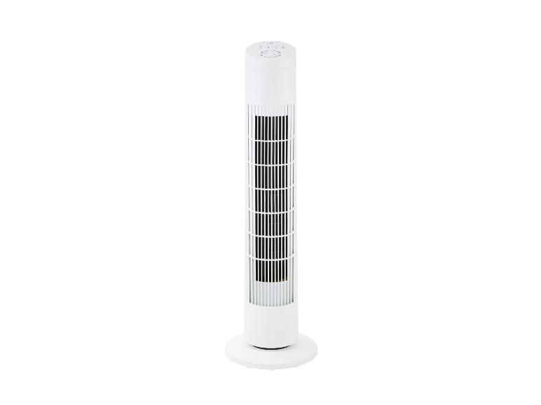 Ventilateur tour blanc avec grille et boutons de commande sur le dessus