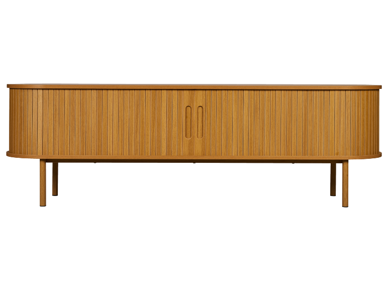 Buffet en bois avec portes à lattes et bords arrondis, sur pieds fins.