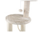 Un griffoir pour chat beige avec une plateforme ronde et un jouet suspendu.