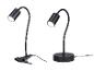 Deux lampes de bureau LED noires, une avec pince et une avec base ronde.