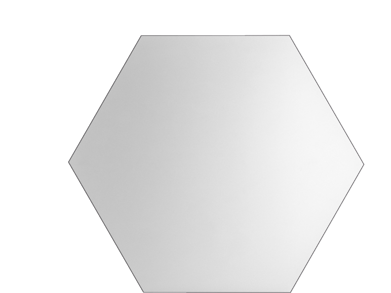 Un miroir hexagonal mesurant environ 21 cm de large et 18 cm de haut.