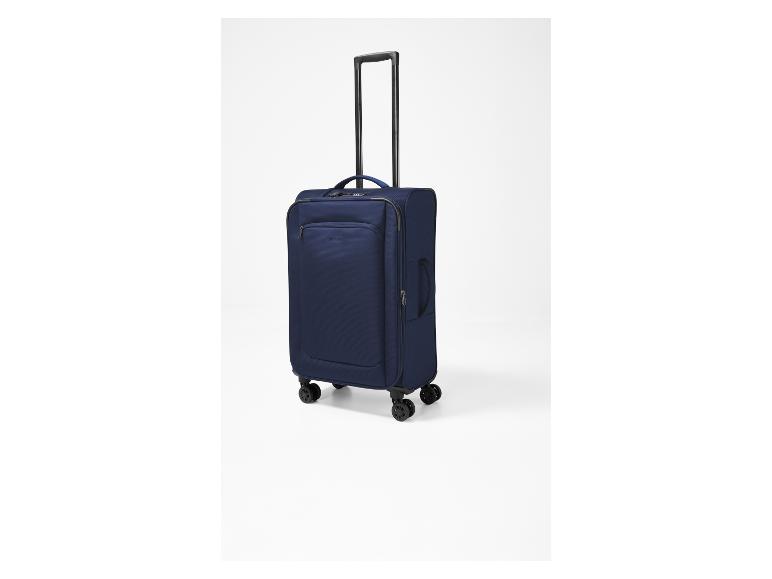 Valise de voyage bleu foncé avec quatre roues et poignée extensible.