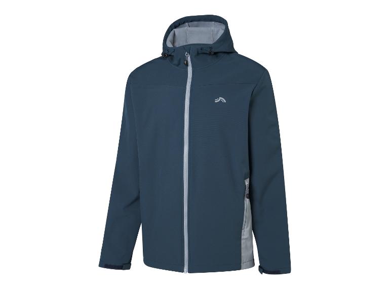 Veste softshell bleu foncé avec capuche et fermeture éclair gris clair.