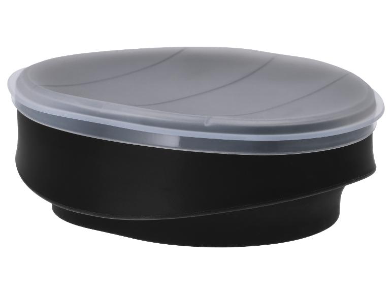 Récipient en silicone noir avec couvercle en plastique translucide, idéal pour le rangement.