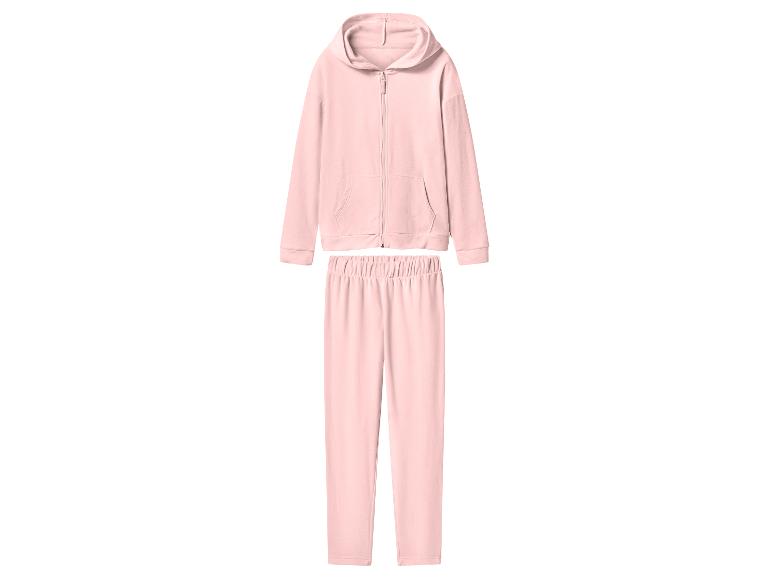 Survêtement polaire rose avec sweat à capuche zippé et pantalon assorti.
