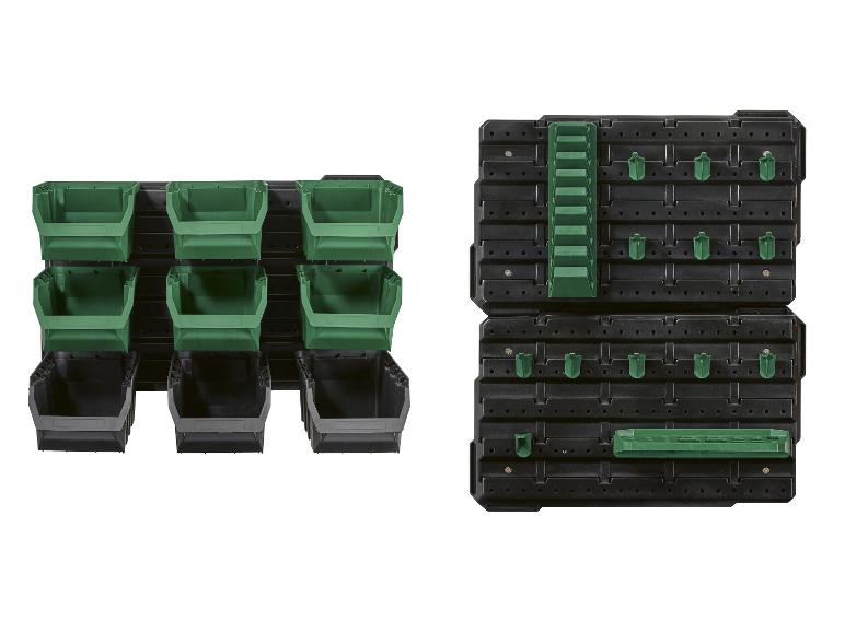 Organisateur mural avec bacs de rangement verts et gris et supports d'outils.