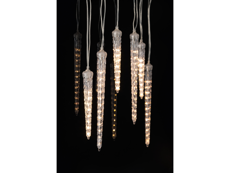 Guirlande lumineuse LED de Noël en forme de stalactites sur fond noir.