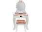 Coiffeuse en bois rose et blanc avec miroir, tiroir et tabouret assorti avec coussin.