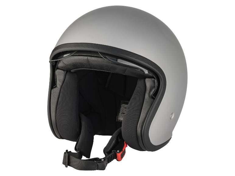 Casque de moto jet gris avec rembourrage noir et jugulaire