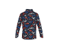 Haut à manches longues avec motif renard et montagne en rouge, bleu et blanc sur fond bleu foncé.