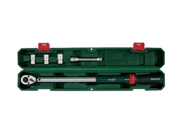 Ensemble de clé dynamométrique PARKSIDE avec douilles dans un coffret vert.