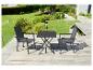 Ensemble table et chaises de jardin : table carrée et deux chaises pliantes grises.