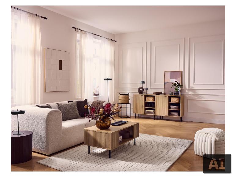 Table basse LIVARNO® Couchtisch dans un salon avec canapé, tapis et buffet. [image générée par l'IA]