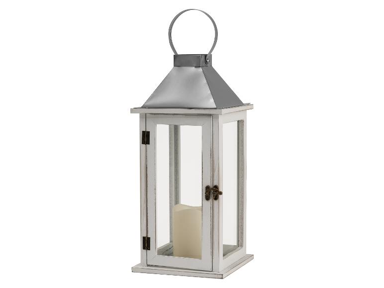 Lanterne décorative en bois blanc avec toit en métal et bougie