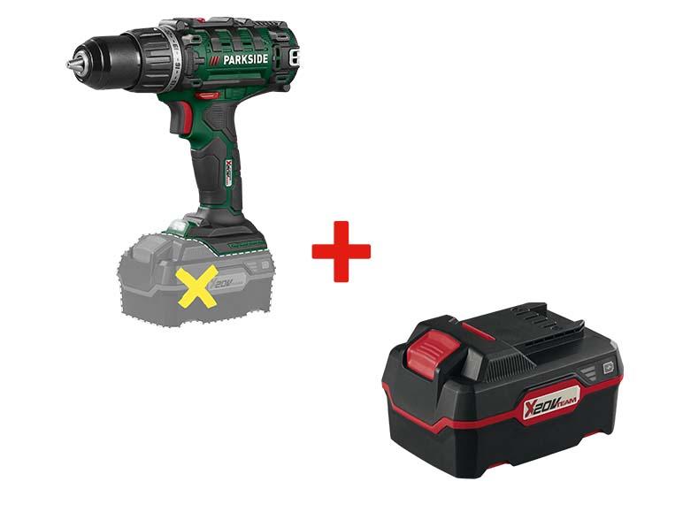 Perceuse sans fil Parkside avec une batterie X20V Team séparée.
