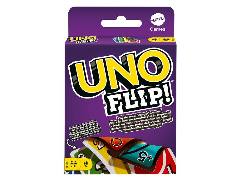 Boîte de jeu de cartes avec le texte 'UNO FLIP!' et des cartes à double face.