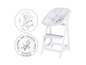 Une chaise haute pour bébé blanche avec un siège rembourré et un plateau.