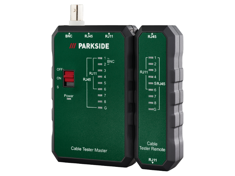 Ensemble de testeurs de câbles Parkside : unité principale et unité distante pour câbles RJ11, RJ45 et BNC.