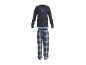 Pyjama bleu foncé avec un haut à manches longues portant l'inscription 'GOOD MORNING BREAKFAST CLUB' et un pantalon à carreaux.