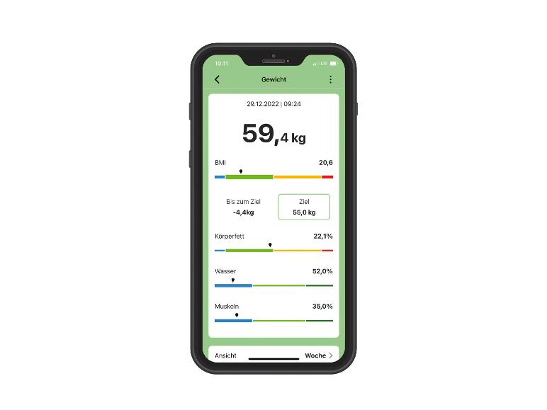 Un écran de smartphone affichant une application de suivi de poids avec un poids actuel de 59,4 kg et un objectif de 55,0 kg.