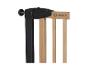 Barrière de sécurité enfant en bois avec mécanisme de verrouillage noir.
