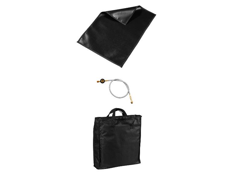 Tapis ignifuge noir, tuyau de gaz et sac de transport.