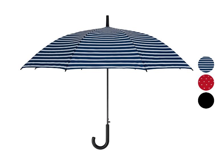 Un parapluie rayé bleu et blanc avec une poignée noire.