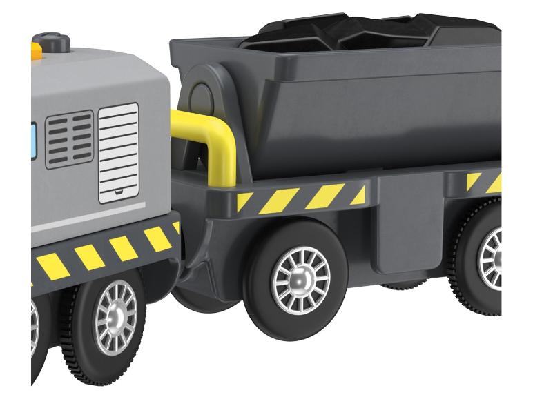 Train jouet gris avec wagons de charbon et accents jaunes.