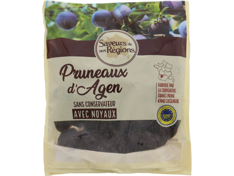 Sachet de pruneaux d'Agen avec noyaux, sans conservateur, avec indication géographique protégée.