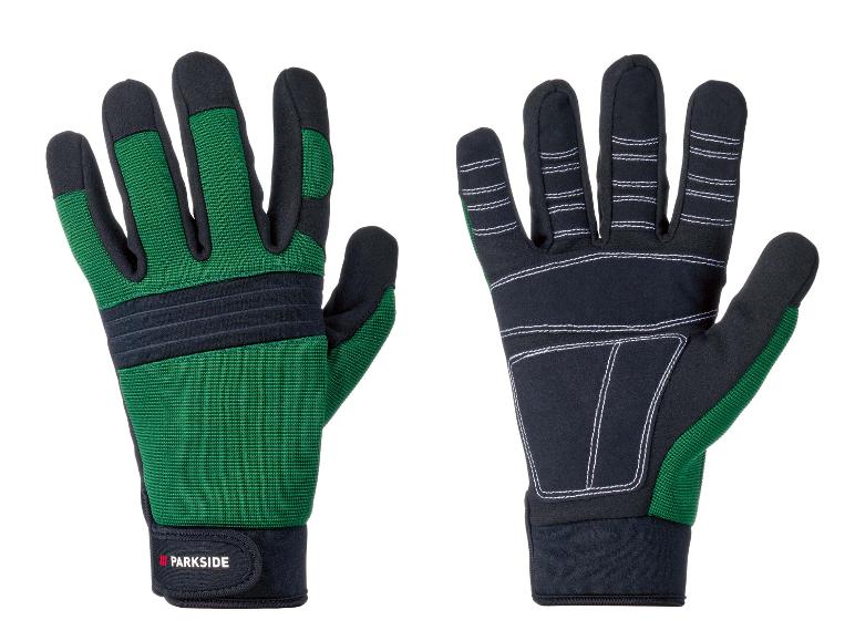 Une paire de gants de travail noirs et verts de Parkside.