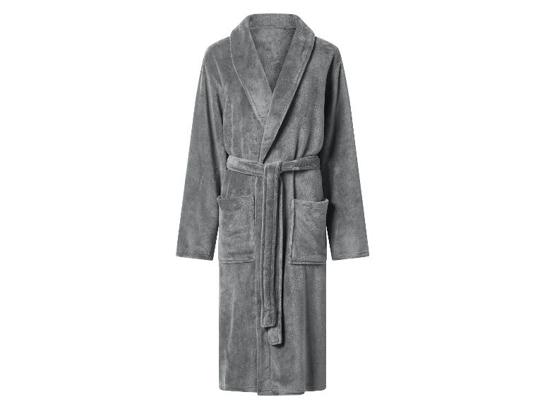 Peignoir gris en polaire douce avec ceinture et poches.