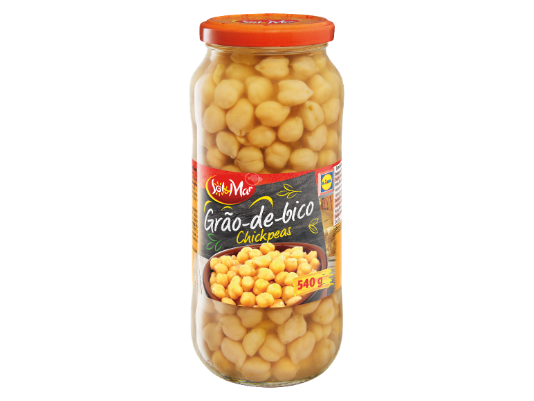Bocal de pois chiches avec une étiquette montrant un bol de pois chiches et le poids 540g.