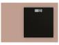 Pèse-personne numérique noir avec affichage 0,0 kg, sur fond rose.