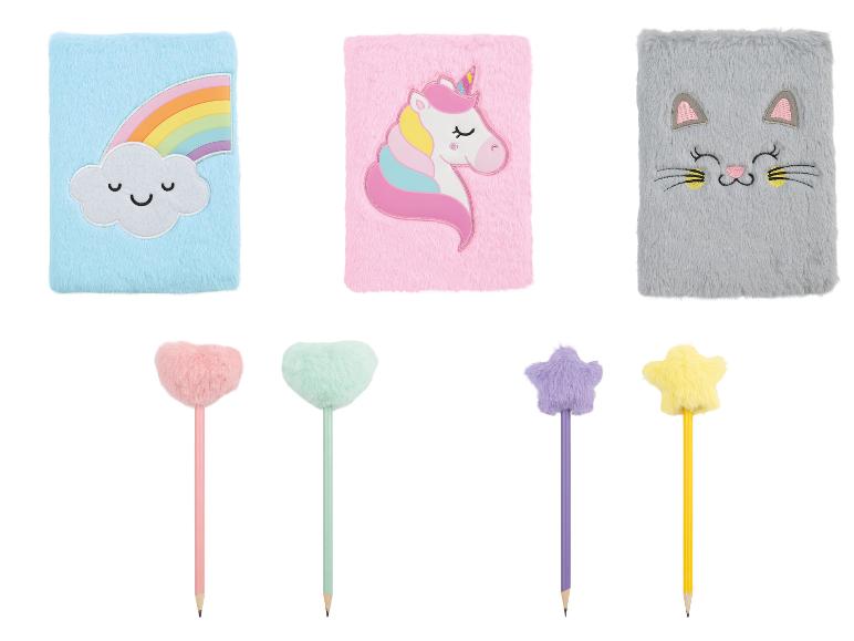 Carnets en fourrure, licorne, arc-en-ciel et chat, et crayons à la mode.