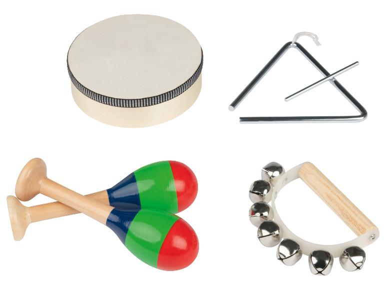 Ensemble d'instruments de musique pour enfants, comprenant un tambour, un triangle, des maracas et des grelots.