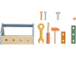 Ensemble d'outils jouets en bois avec boîte à outils, clé, marteau, vis et écrous.