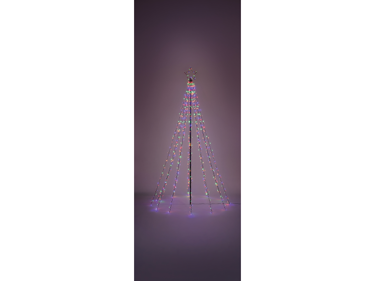 Sapin de Noël illuminé avec étoile au sommet et lumières LED colorées.