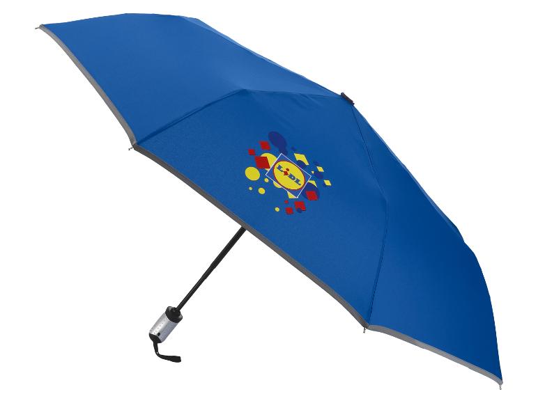 Parapluie bleu avec un motif géométrique coloré et un logo jaune.