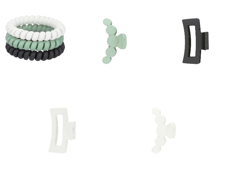 Ensemble d'élastiques à cheveux spirales et de pinces à griffes blancs, menthe et noirs.