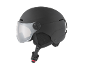 Casque de ski noir mat avec visière transparente et sangle réglable.