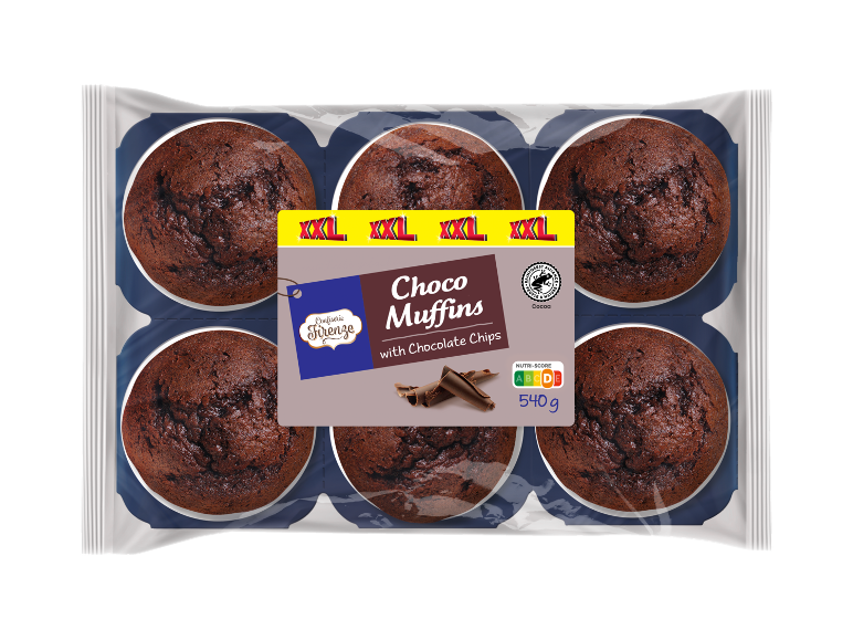 Paquet de six muffins XXL au chocolat avec pépites de chocolat, 540g, Nutri-Score D.